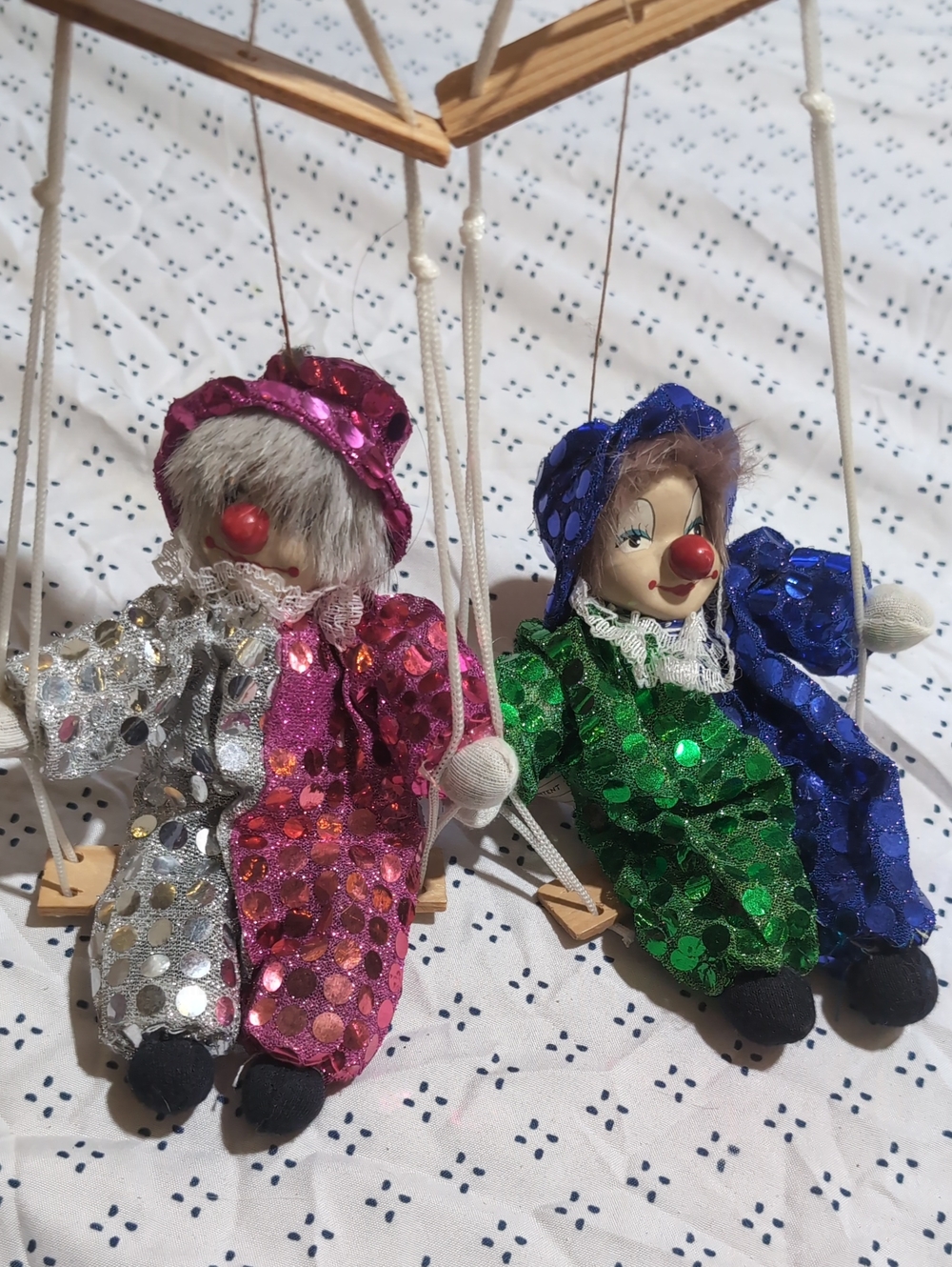 Pair of Sequin Clown Marionettes Clowns Swing Vintage *BIN